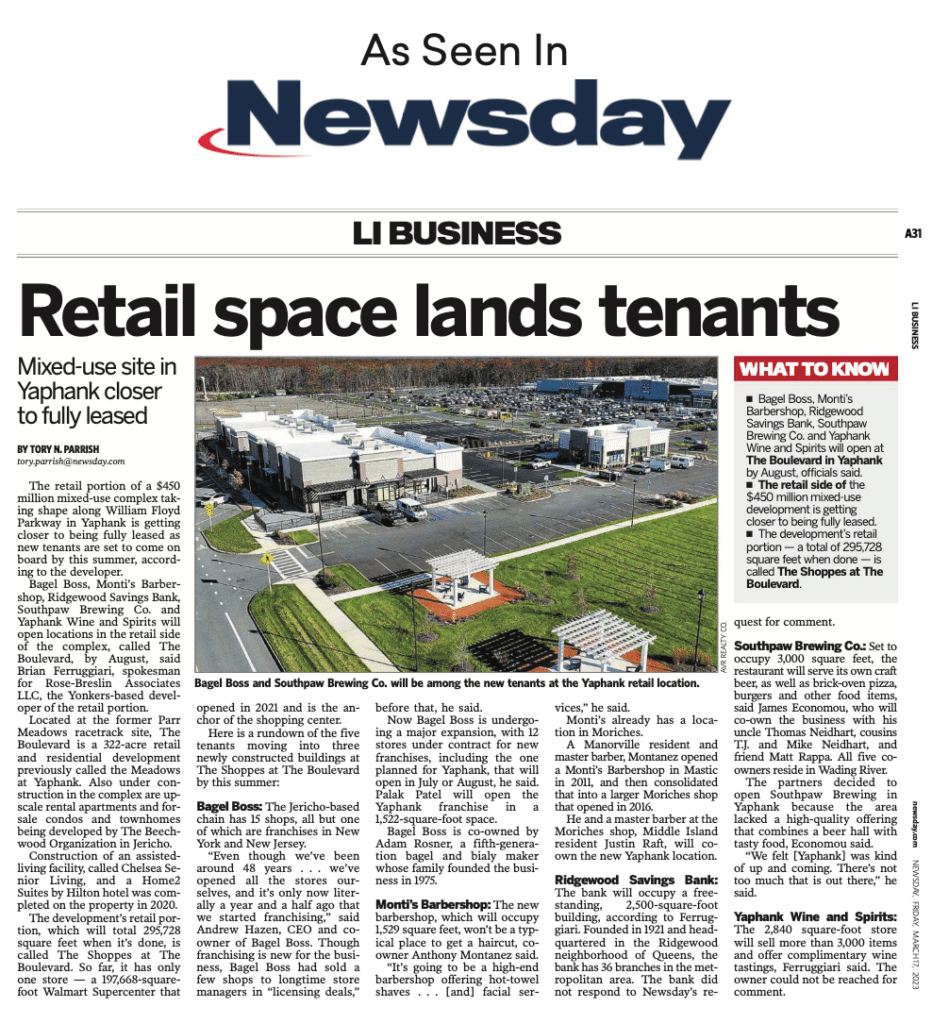 Article of Retail Space Lands Tenants about Yaphank. 